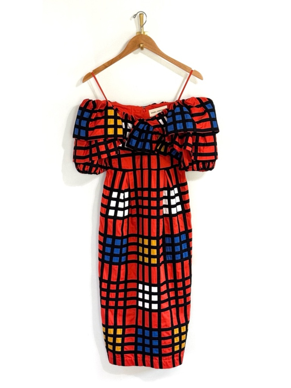 NWOT Mara Hoffman Midi Plaid Puff-Sleeve Arabella Off-The-Shoulder Dress - Picture 3 of 9